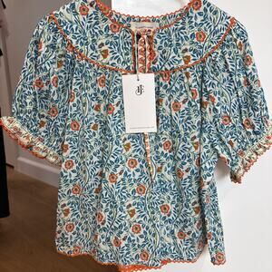Elizabeth James Women’s Floral Blouse Blue Orange Short Sleeve Tie Neck NWT
